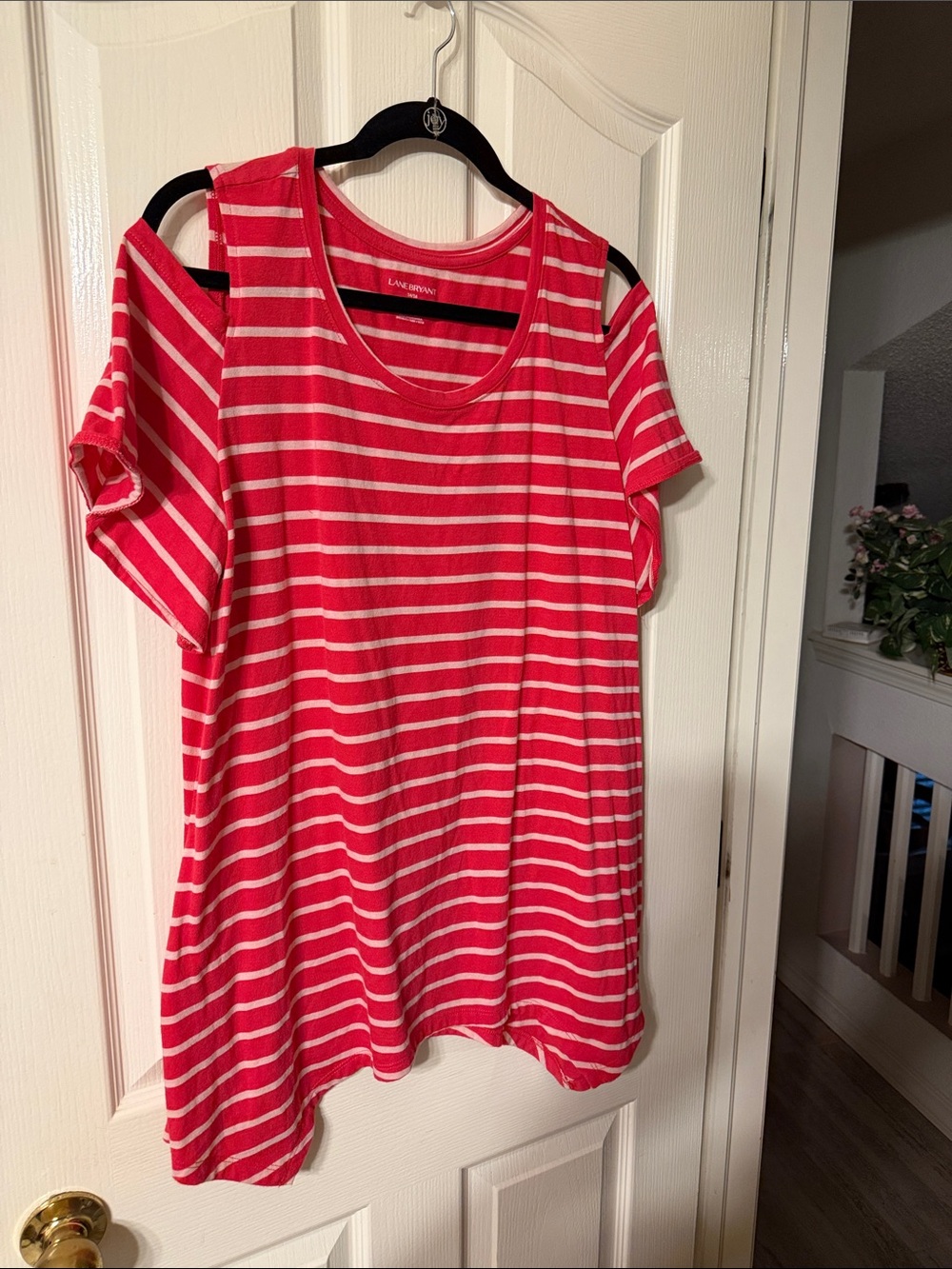 Lane Bryant Pink and White Striped Cold-Shoulder Knit Tee